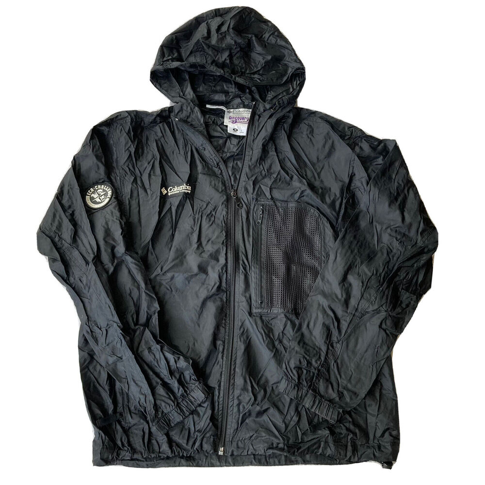 Discovery Channel Columbia Jacket Sz M Packable Waterproof Black Hooded Zip Up